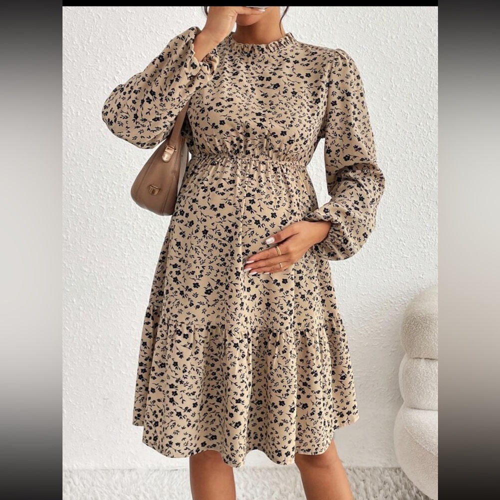Floral Print Maternity Dress - Tan and Black